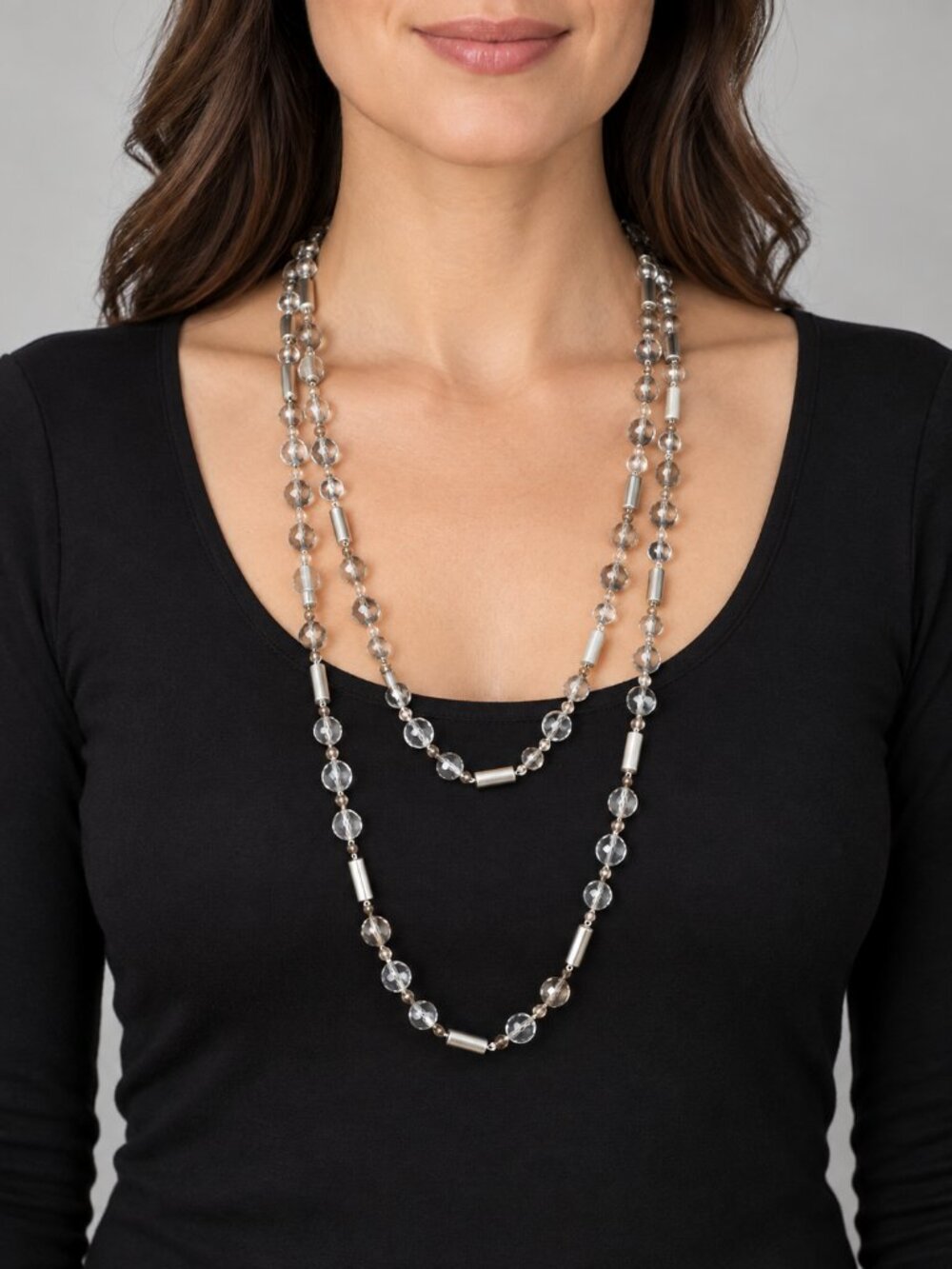 58in Long Clear Beaded‎ Silver Tone Link Necklace Layering Statement